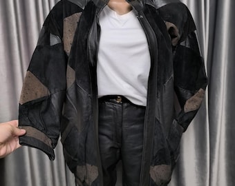 Chaqueta bomber de cuero con patchwork vintage: abrigo llamativo geométrico negro y marrón de los años 80 y 90.