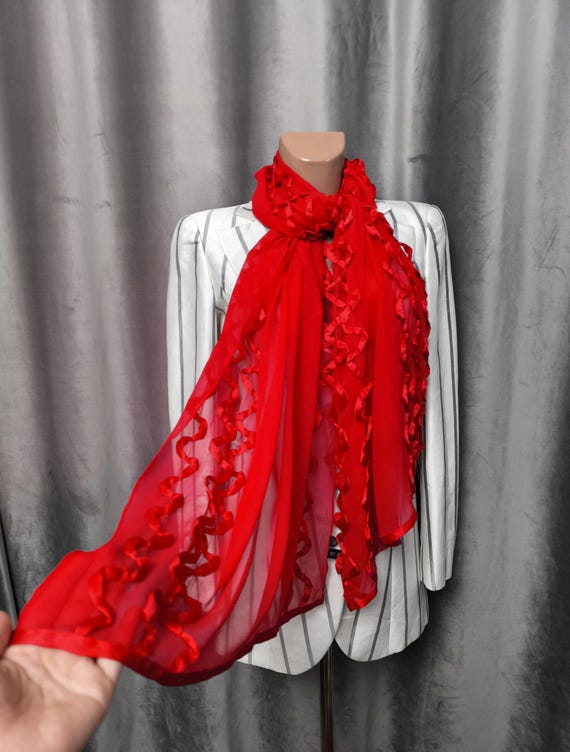Vintage Christian Fischbacher Silk Scarf Red 100% Silk Ruffle Shawl Sheer Statement Wrap Swiss Designer Accessory