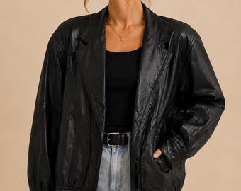 Chaqueta bomber de cuero negro vintage, estilo minimalista oversize, de los años 90, de cuero auténtico, talla 46 S M L