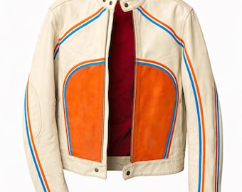 Chaqueta de cuero de carreras vintage Jack & Jones color crema y naranja, talla XL, estilo motociclista Y2K.