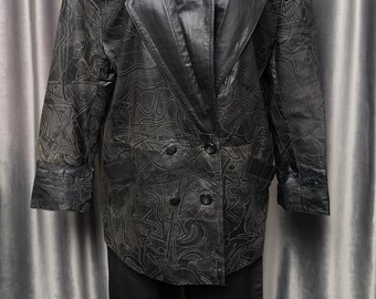 Blazer de cuero negro vintage, chaqueta oversize estilo patchwork de los 90, abrigo de cuero suave, talla L