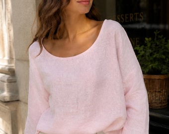 Top de lino rosa palo extragrande / Blusa de lino para mujer / Túnica bohemia holgada / Camisa de lino estilo Lagenlook / Ropa de lino de tallas grandes