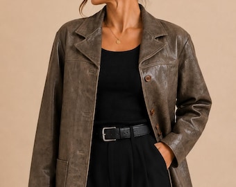 Chaqueta de cuero marrón vintage para mujer, estilo años 90, minimalista, de cuero auténtico, talla M.