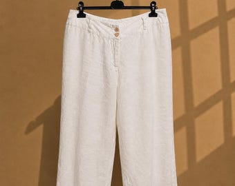 Vintage White Linen Wide Leg Pants | 100% Linen Culottes | Minimalist Summer Trousers | Y2K Coastal Grandmother | Size EU 42