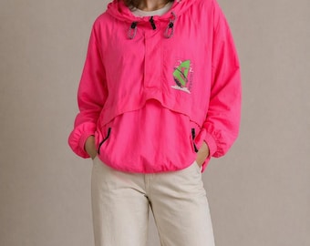Vintage 80s 90s chaqueta cortavientos rosa neón / chaqueta de festival de gran tamaño / Retro спортивна куртка / Anorak ligero con capucha