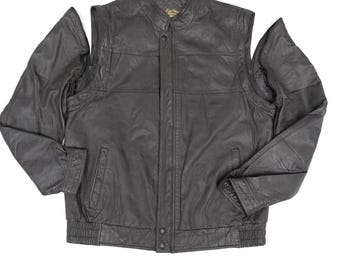 Chaqueta de cuero vintage 2 en 1 con mangas desmontables, chaleco motero unisex Euro Mod XL