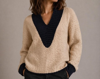 Jersey de mohair vintage extragrande, jersey de punto beige, cuello en V profundo, jersey suave y cómodo, jersey minimalista de mujer de los 90.