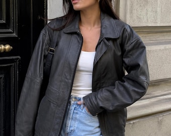 Chaqueta bomber extragrande de cuero genuino negro vintage / Chaqueta de cuero de los 90 para mujer / Abrigo minimalista de cuero auténtico / Chaqueta de cuero unisex talla XL