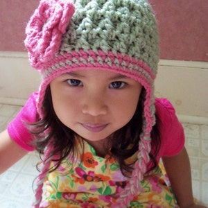 Crochet Children Hat,Toddler Hat, Baby Girl Hat, Crochet Earflap hat In Sage Green and Pink