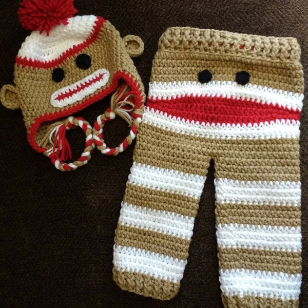 Baby Sock Monkey Sets, Toddler Hat and Pant, Baby Sock Monkey Outfit - Made to Order