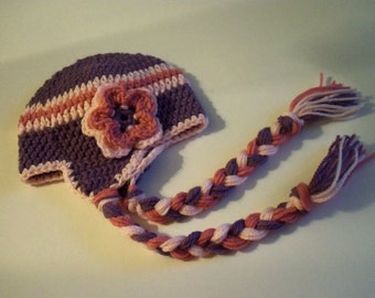 Hand Crochet Children Earflap Hat In Purple and Pink