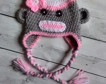 Sock Monkey Hat, Girl Sock Monkey Hat, Baby Sock Monkey - Made to Order