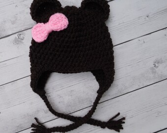 Baby Bear Hat, Crochet Bear Hat in Brown, Baby Girl Hat, Winter Hat - Made to Order
