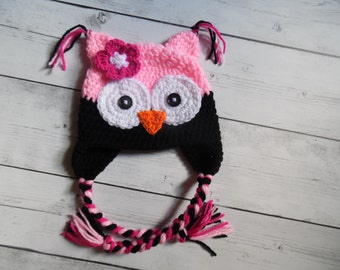 Baby meisje uil hoed, roze uil hoed met bloem, peuter uil hoed, Mae op bestelling