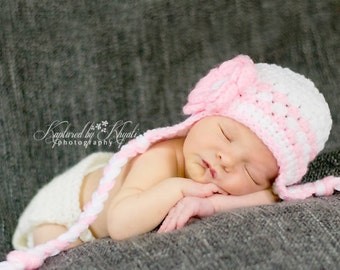Haak pasgeboren hoed, babymeisje hoed, meisje hoed in roze en wit