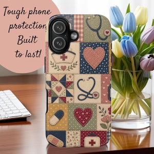 Patchwork Quilt Nurse Phone Case Medical Tough Case Vintage Cottagecore Protective Case for IPhone  Samsung Galaxy and Google Pixel Phone
