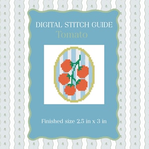 May include: Digital stitch guide titled "Tomato" with an image of a cross-stitch design of tomatoes. The finished size is 2.5 inches by 3 inches. The design is set against a blue background with a decorative border and a patterned background.