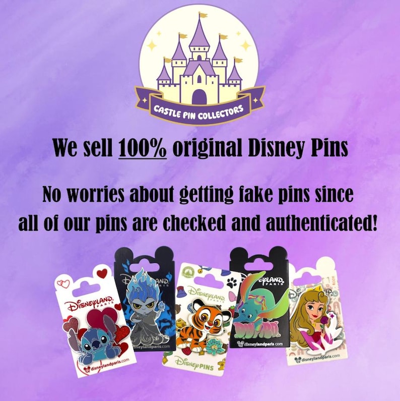May include: A collection of five Disney pins on backing cards featuring characters like Stitch, Hades, a tiger, Dumbo, and Aurora. The image includes the text Castle Pin Collectors, We sell 100% original Disney Pins, and No worries about getting fake pins.