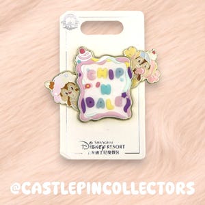 May include: A Disney pin featuring Chip and Dale characters. The pin has a rectangular design with the words "Chip 'n Dale" in colourful letters. The pin is surrounded by images of the characters and is attached to a white card.