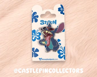 Pin de Stitch de verano de Disney - Exclusivo de Disneyland París - Stitch con gafas de sol comiendo helado - Pin esmaltado de Lilo y Stitch - Ambiente vacacional