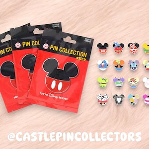 May include: Three red and black Tokyo Disney Resort Pin Collection foil packets featuring a Mickey Mouse icon, alongside sixteen small enamel pins shaped like Mickey Mouse heads, each decorated with unique patterns and colors representing various characters.