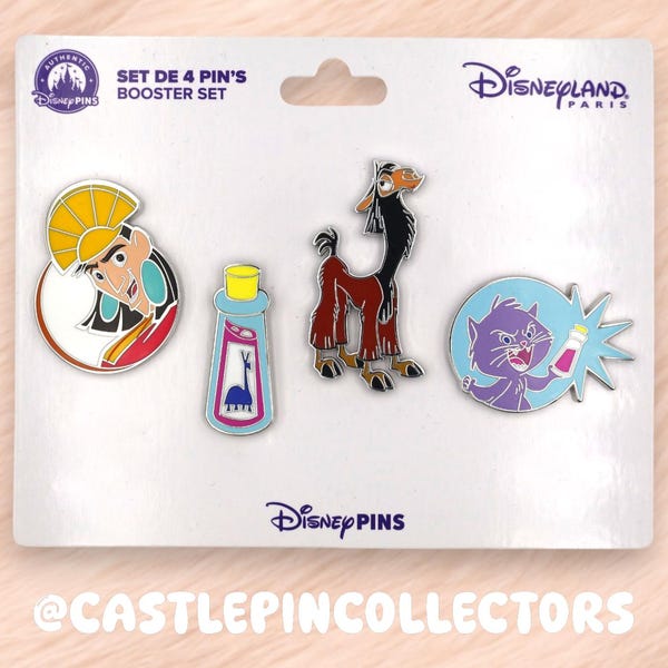 Set de pines de Disneyland París de la película "El Emperador y sus Locuras", pines esmaltados de Kuzco, la llama Yzma y el gato.
