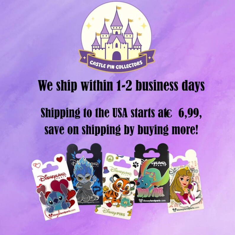 May include: Five Disney character pins on individual backing cards. The pins feature Stitch with red hearts, Hades with blue flames, a tiger cub, Dumbo, and Princess Aurora. Above them is a logo with a castle and the text Castle Pin Collectors.