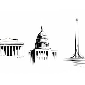 May include: Black and white line art illustration of three Washington D.C. landmarks: a building with columns, the Capitol Building, and the Washington Monument. The image is set against a white background.