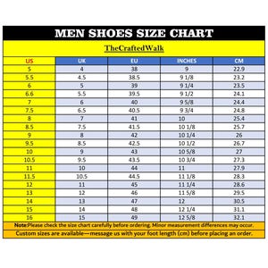 Puede incluir: Tabla de tallas de zapatos para hombre con medidas en US, UK, EU, pulgadas y cm. La tabla tiene un fondo negro con texto amarillo y blanco. El texto "MEN SHOES SIZE CHART" está en la parte superior.