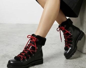 Black Leather Hiking Boots, Women’s Shearling Trim, Red Laces, Outdoor Winter Footwear