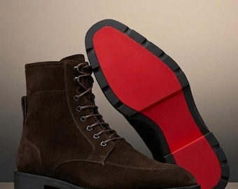 Men's Dark Brown Italian Suede Lace Up Boots | Christian Louboutin Style Red Sole Lug Sole Ankle Boots | Combat Boots