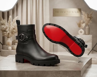 Women's Handmade Black Leather Ankle Boots | Artisan-Crafted Luxury Footwear | Elegant Red-Sole Inspired Boots