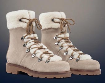 Light Grey Suede Winter Boots, Women’s Shearling Trim Hiking Ankle Booties Warm Snow Boots, Outdoor Footwear