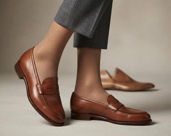 Handmade Tan Women's Leather Loafer, Penny Slip-Ons, Vintage Style Custom Footwear