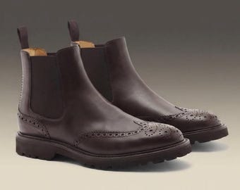 Men's Dark Brown Italian Leather Brogue Chelsea Boots | Handmade Wingtip Lug Sole