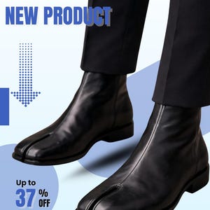 May include: Black leather Tabi boots with a split toe design. The image features the text "TABI SHOES NEW PRODUCT" and a discount of "Up to 37% OFF". The boots are worn with black trousers.
