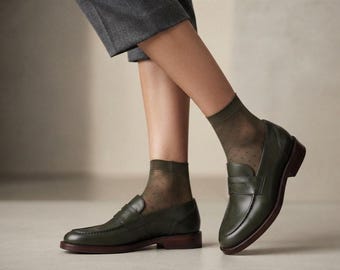 Handmade Olive Green Women's Leather Loafer, Penny Slip-Ons, Vintage Style Custom Footwear