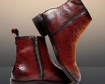 Handmade Italian Snake Print Leather Ankle Boots, Men's Python Stivaletti Footwear