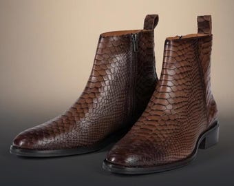Handmade Brown Snake Print Leather Chelsea Boots, Men's Embossed Ankle Footwear