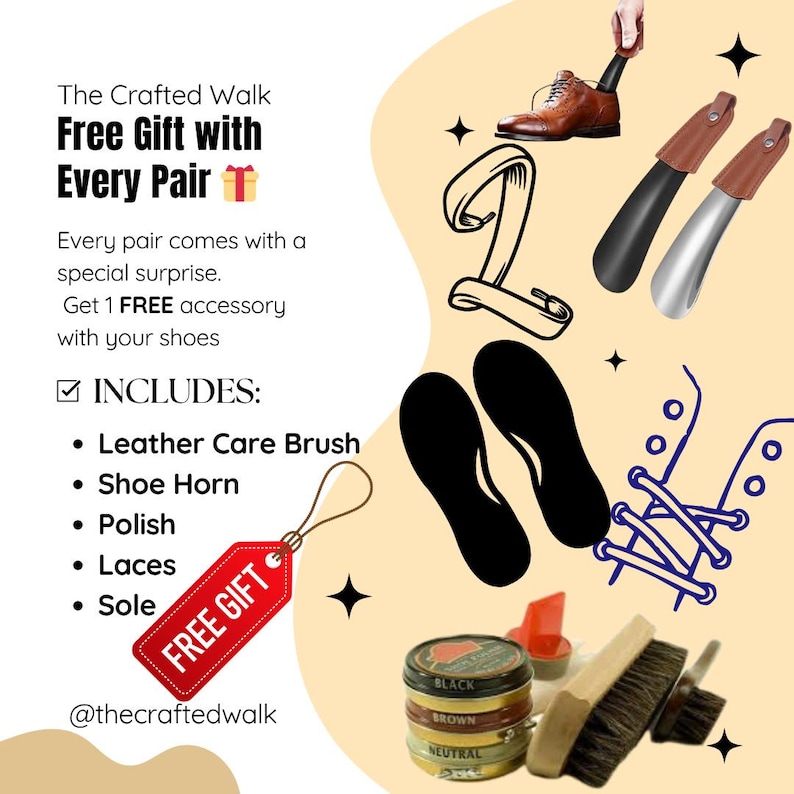May include: An advertisement for shoe care accessories. The image includes a brown leather shoe, shoe horns, shoe polish, a leather care brush, laces, and a sole. The text reads "Free Gift with Every Pair" and lists included items.