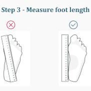 May include: Image showing how to measure foot length for shoe sizing. The text reads "Step 3 - Measure foot length." Two illustrations demonstrate the correct and incorrect methods using a ruler. The correct method shows the ruler aligned with the foot's longest points.