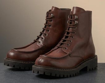 Men's Brown Leather Lace Up Boots | Italian Handmade Lug Sole Moc Toe Boots | Combat Boots