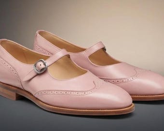 Handmade Blush Pink Leather Mary Jane Brogues Single Monk Strap Shoes, Vintage Brogue Footwear
