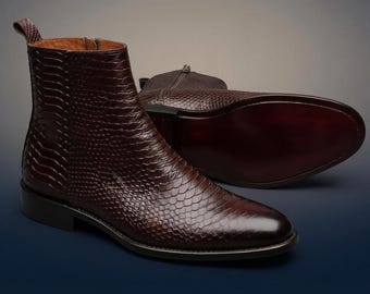 Dark Brown Snake Print Leather Chelsea Boots, Men’s Embossed Ankle Dress Booties