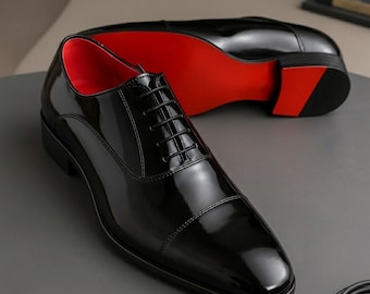 Zapatos Oxford de charol negro con puntera reforzada para hombre – Zapatos de vestir elegantes hechos a mano