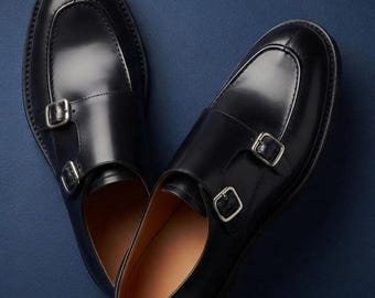 Handmade Black Leather Mary Jane Brogues Double Monk Strap Shoes, Vintage Style Oxfords