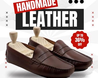 Men's Brown Leather Penny Loafers, Hand-Stitched Moccasin Driving Shoes