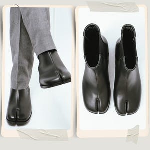 May include: Black leather split-toe boots. These boots feature a distinctive design with a separate section for the big toe. The image presents the boots from two perspectives: worn and displayed, highlighting their unique style.