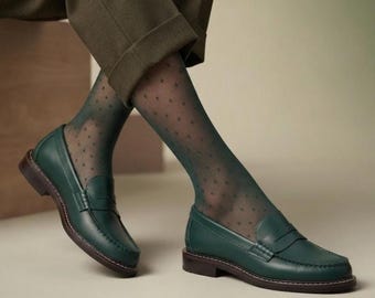 Green Leather Penny Loafers: Handmade womens Classic Shoes