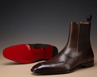 Men's Brown Leather Chelsea Boots, Handmade Red Bottom Dress Boots, Italian Leather Ankle Boots